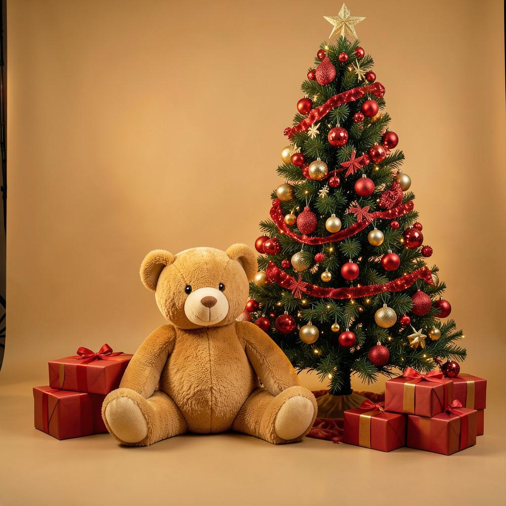 Orsacchiotto gigante accanto all'albero rosso del set Classic Christmas